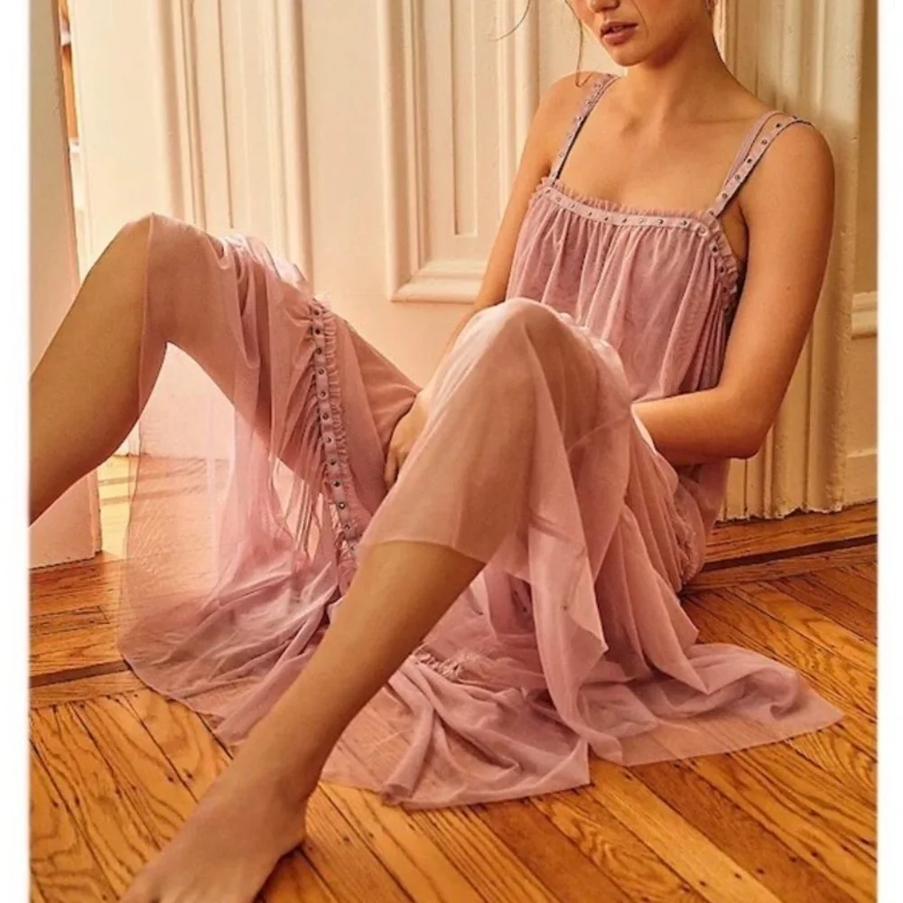 FREE PEOPLE NIGHT OUT SLEEVELESS TULLE MAXI SLIP DRESS SMALL MEDIUM PALE PINK - Picture 3 of 9